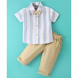 Little Kangaroos Cotton Knit Half Sleeves Shirt & Trouser With Bow Striped - Blue & Beige