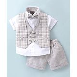 Little Kangaroos Cotton Woven Half Sleeves T-Shirt & Shorts With Waist Coat & Bow - White & Grey