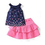 Babyhug 100% Cotton knit Sleeveless Floral Printed Top and Skirt Set - Navy Blue & Pink