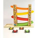 Playbox Speedy Wheels Wooden Ramp Racer Toy with 4 Car Ramps, 4 Mini Cars - Wood Race Track  Educational Vehicle Toys- Multi Color