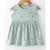 Zero Sinker Sleeveless Plants Printed Frock - Mint