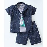 Rikidoos Cotton Half Sleeves Waves & Boats Printed Coordinating Shirt & Shorts With Tee - Navy Blue & Melange