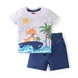 Babyhug Single Jersey Knit Half Sleeves T-Shirt with Shorts Set Fox Print - White & Blue