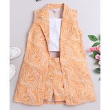 Taffykids Solid Top & Shorts With Sleeveless Abstract Printed Jacket - Orange & White