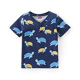 Babyhug Cotton Knit Henley Neck Half Sleeves Turtle Printed T-Shirt with Pockets - Navy Blue