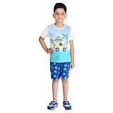 Clothe Funn Half Sleeves Palm Tree Printed Knitted Tee With Shorts Set  -  Off White & Royal Blue