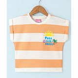 Little Kangaroos Cotton Knit Sleeveless T-Shirt Striped & Text Print - Orange & White