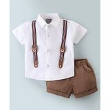 Little Kangaroos Cotton Woven Half Sleeves Solid Color Shirt and Shorts Set with Suspender - White