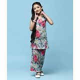 BIBA Sleeveless Floral Printed Cotton Suit Set - Blue