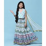 BIBA Sleeveless Floral Printed & Lace Embellished Choli With Coordinating Lehenga & Dupatta Set - Blue & White