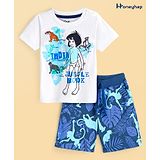 Honeyhap Disney Cotton Knit Half Sleeves T-Shirt & Shorts Set With Jungle Book Graphics - White & Blue