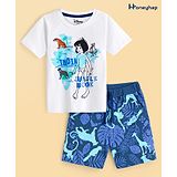 Honeyhap Disney Cotton Knit Half Sleeves T-Shirt & Shorts Set With Jungle Book Graphics - White & Blue