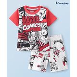 Honeyhap Marvel Cotton Knit Half Sleeves T-Shirt & Shorts Set With Avengers Graphics - Red & Grey