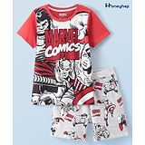 Honeyhap Marvel Cotton Knit Half Sleeves T-Shirt & Shorts Set With Avengers Graphics - Red & Grey