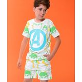 Pine Kids Marvel Cotton Knit Half Sleeves T-Shirt & Shorts Set With The Avengers Graphics - Green