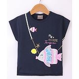 Little Kangaroos Cotton Sleeveless Top with Sequinned Fish & Text Print - Navy