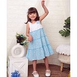 Beebay Sleeveless Floral Printed Bow Applique Tiered Dress - Blue