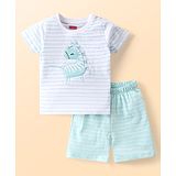 Babyhug Single Jersey Knit Half Sleeves Striped Nightsuit with Unicorn Patch - White & Mint