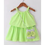 Little Kangaroos Sleeveless Party Top  with Sling Bag Bow Applique - Green