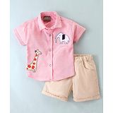 Little Kangaroos Cotton Woven Half Sleeves Shirt & Shorts With Striped & Animals Patch - Red & Beige