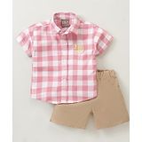 Little Kangaroos Cotton Woven Half Sleeves Shirt & Shorts with Patch & Checkered Pink & Beige (Logo Design May Vary