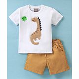 Little Kangaroos Cotton Knit Half Sleeves  T-Shirt &  Shorts Set with Dino Patch - White