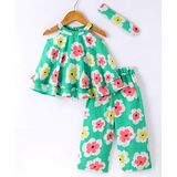 Little Kangaroos Sleeveless A-Line Flared Top and Cullotes Co-ords Set  with Headband Floral Print - Green