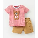 Little Kangaroos 100% Cotton Knit Half Sleeves Striped  T-Shirt & Shorts Set with Teddy Applique  - Red