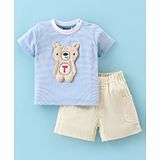 Little Kangaroos 100% Cotton Knit Half Sleeves Striped  T-Shirt & Shorts Set with Teddy Applique  - Blue