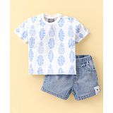 Little Kangaroos Cotton Woven Half Sleeves T-Shirt & Shorts Set with Leaf Print - White