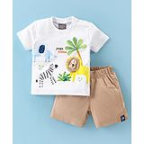 Little Kangaroos Cotton Woven Half Sleeves T-Shirt & Shorts Set with Animal Print & Applique - White