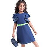 Hola Bonita Half Sleeves Denim Knee Length Solid Dress - Blue and Neon Green