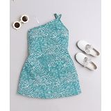 Taffykids 100% Cotton Sleeveless One Shoulder Tropical Leaves  Printed A Line  Dress - Green & White