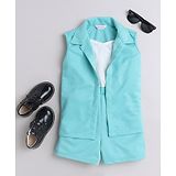 Taffykids Knitted Colour Blocked Jumpsuit With Sleeveless Solid Jacket - Aqua Blue & White