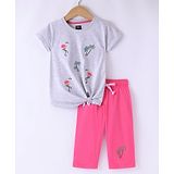 Pepito Cotton Knit Half Sleeves Top & Capri Set with Embroidery Detailing - Grey & Pink