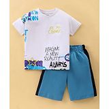 Pepito Cotton Knit Half Sleeves Text Printed T-Shirt & Shorts Set - White & Blue