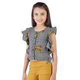 Tiny Girl Cap Frill Sleeves Checked & Bow Printed Top -  Mustard Yellow