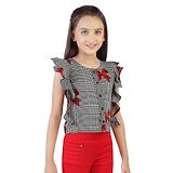 Tiny Girl Cap Frill Sleeves Checked & Bow Printed Top -  Red