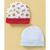 Ben Benny Cotton Knit Caps Solid & UFO Print Pack of 2 White & Blue- Diameter 9 cm