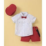 ToffyHouse 100% Cotton Half Sleeves Solid Nautical Printed Shirt & Shorts with Quirky Suspenders & Bow - Red & Blue