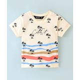 Ruff Cotton Knit Half Sleeves T-Shirt with Beach Theme Print - Off White