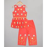 Budding Bees Cotton Sleeveless Floral Embroidered Top & Pant Set -  Orange