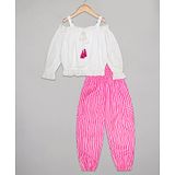 Budding Bees Viscose Rayon Cold Shoulder Full Sleeves Solid Top With Striped Pant Set - White & Pink