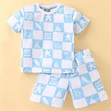 Little Kangaroos 100% Cotton Lycra Half Sleeves T-Shirt & Shorts Set Boat Print - Light Blue