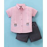 Little Kangaroos Cotton Knit Half Sleeves Bear Printed Shirt & Short Set - Pink