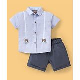 Little Kangaroos 100% Cotton Half Sleeves Solid Shirt with Shorts Set - Blue