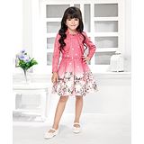 TINY BABY Floral Printed Dress With Belt & Full Sleeves Jacket - Pink