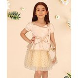 Cutecumber Half  Sleeves Bow  Detailed & Shimmer Heart Printed Fit & Flare Georgette Dress With Bag - Gold