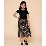 Piccolo Half Sleeves Solid Tee With Sequin Embellished Side Slit Skirt Set -  Black