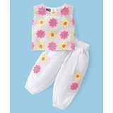 Little Kangaroos 100% Cotton Knit  Sleeveless Top & Pant with Floral Embroidery - White